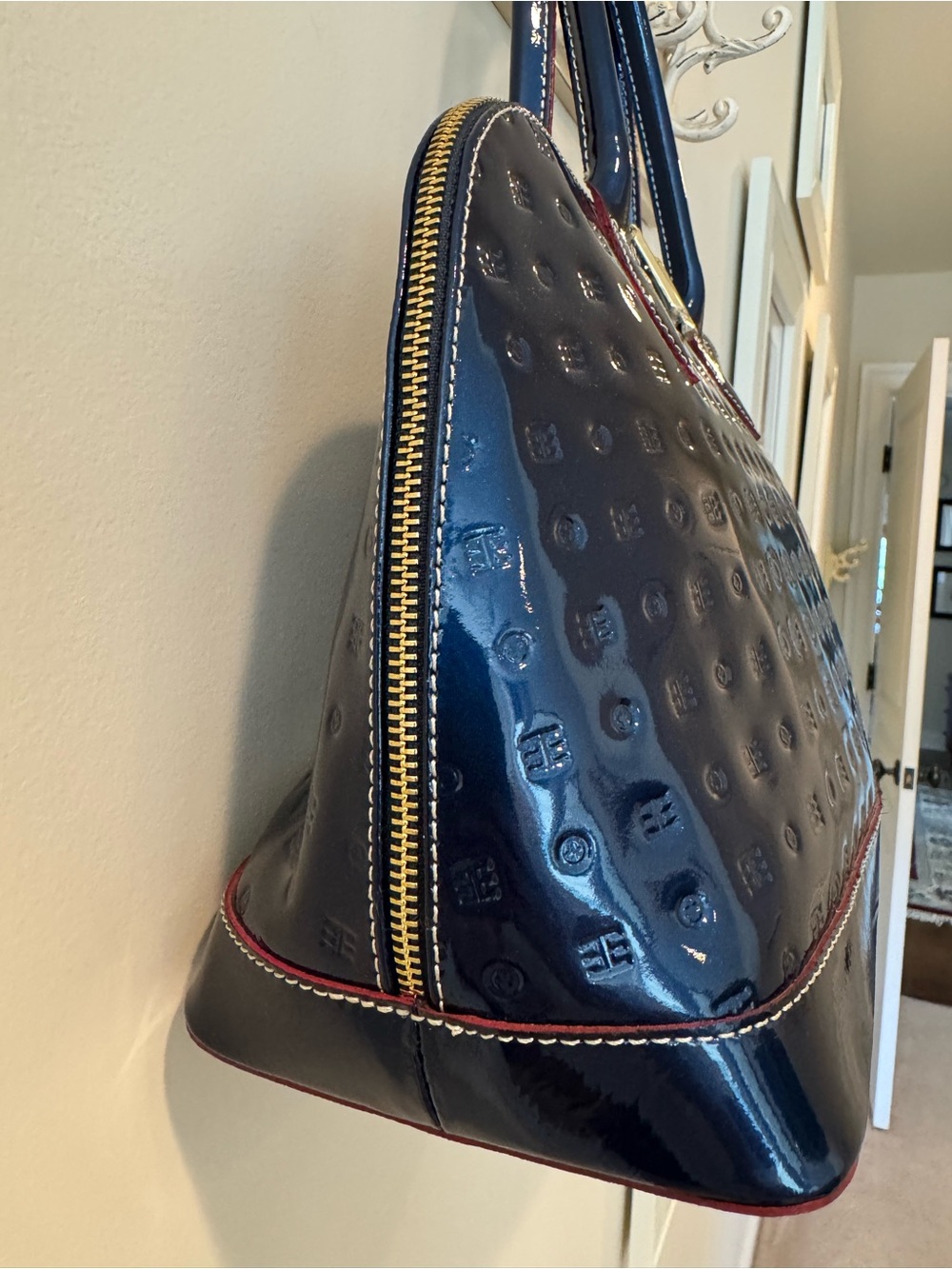 Arcadia Navy Patent Dome Satchel with Gold Hardware - Picture 5 of 13